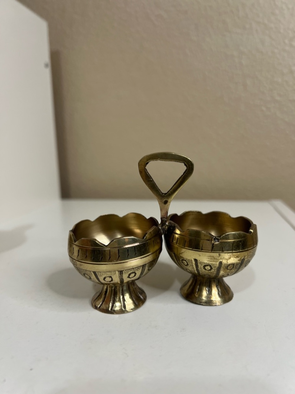 Vintage Brass Double Salt Cellar Nut Dish Etched w/ Handle Boho Decor